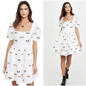 Agua Bendita Dragonfly Embroidered Pomelo Libelula Puff Sleeve Linen Mini Dress